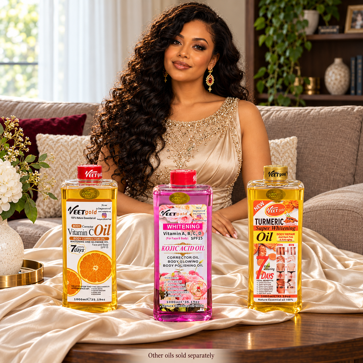 Veet Gold Kojic Acid oil with Vitamin C and Turmeric oils in a styled collection photograph. Other oils sold separately.