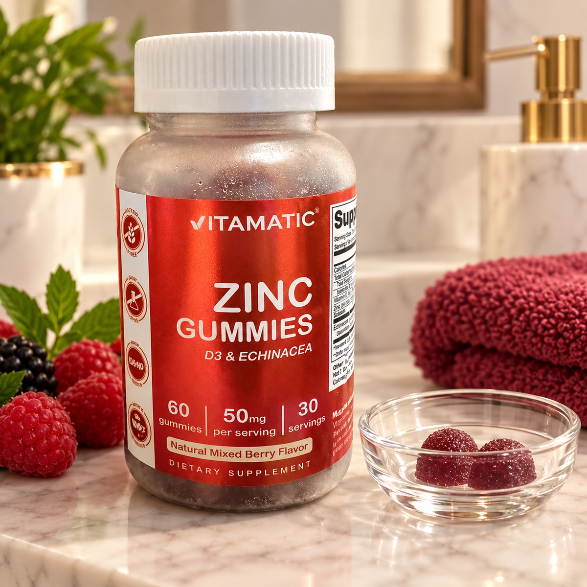 Vitamatic Zinc Gummies bottle with berry-toned gummy detail
