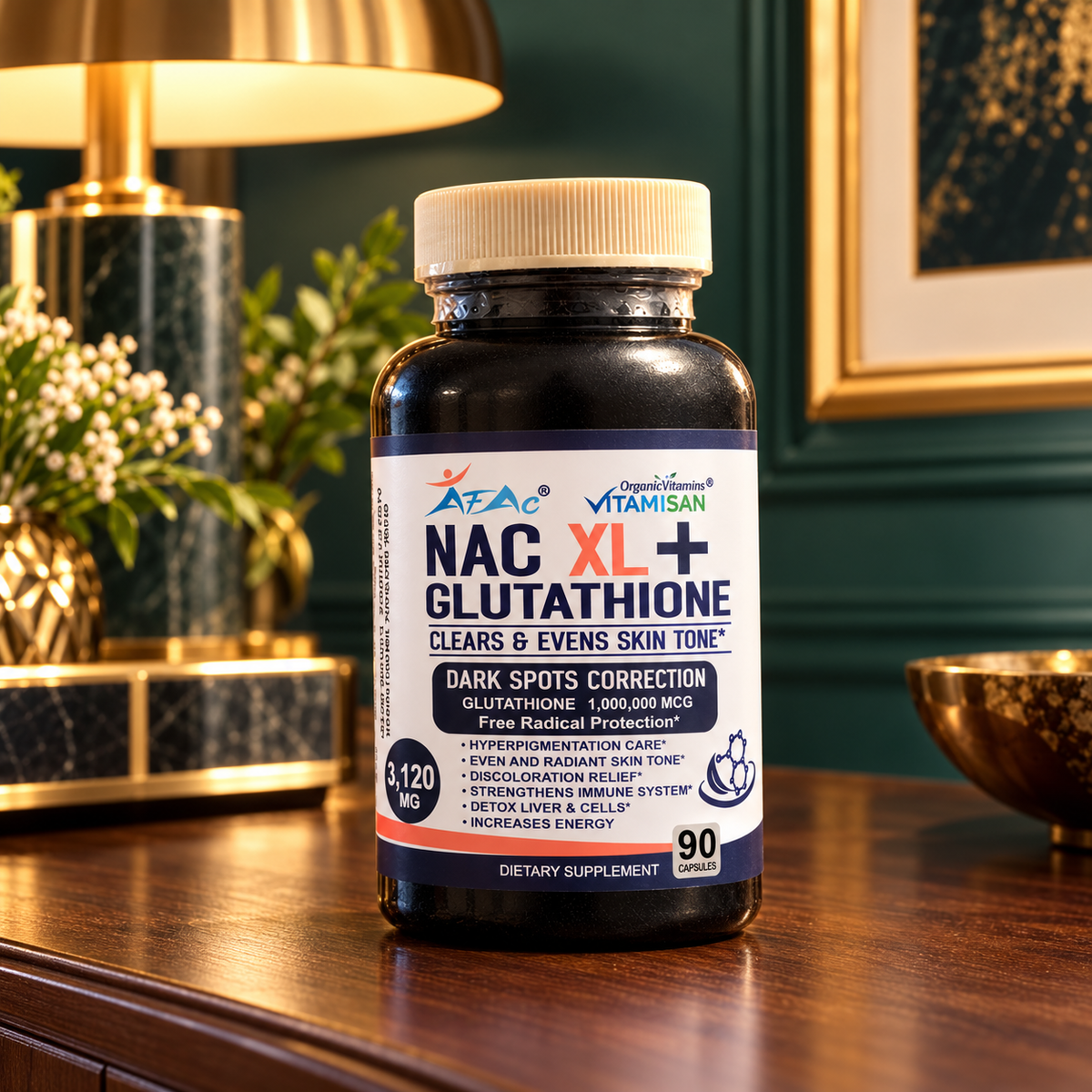 VITAMISAN NAC XL+ Glutathione sealed 90-capsule bottle — front-label detail in a real-home setting; AI-styled product presentation, not a testimonial.
