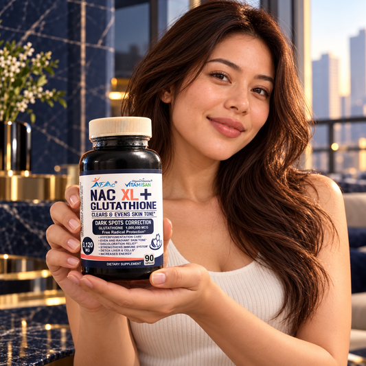 VITAMISAN NAC XL+ Glutathione sealed 90-capsule bottle — adult woman presenting the package; AI-styled product presentation, not a testimonial.