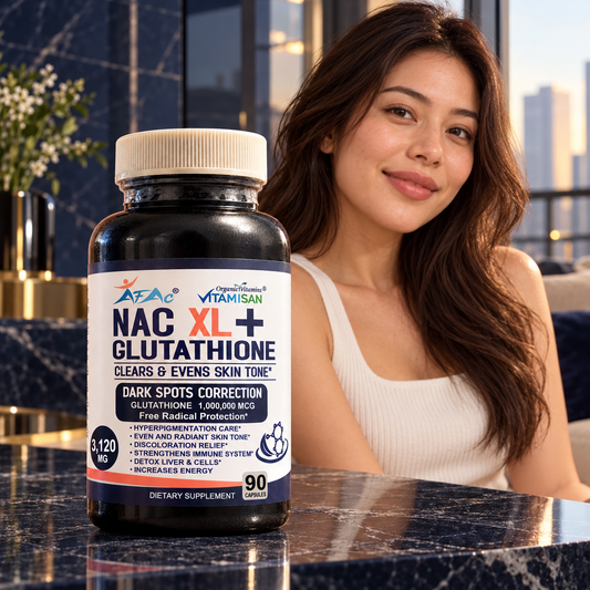 VITAMISAN NAC XL+ 90-capsule bottle in front of seated adult model; AI-styled product presentation, not a testimonial