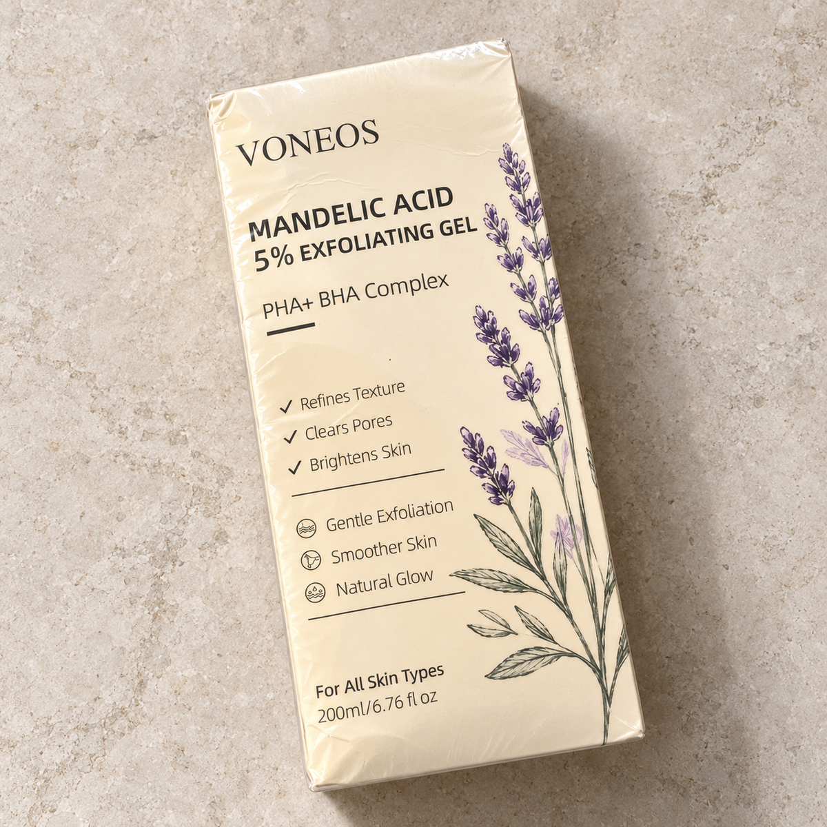 VONEOS Mandelic Acid 5% Exfoliating Gel 200 ml — original carton flat-lay
