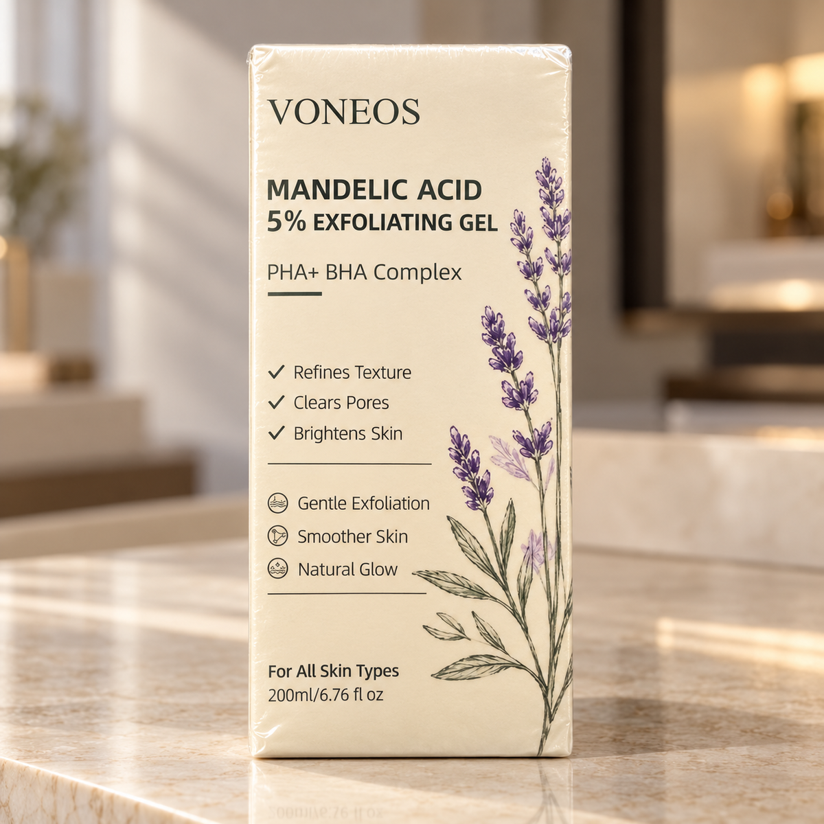 VONEOS Mandelic Acid 5% Exfoliating Gel 200 ml — sealed carton on a luxury vanity