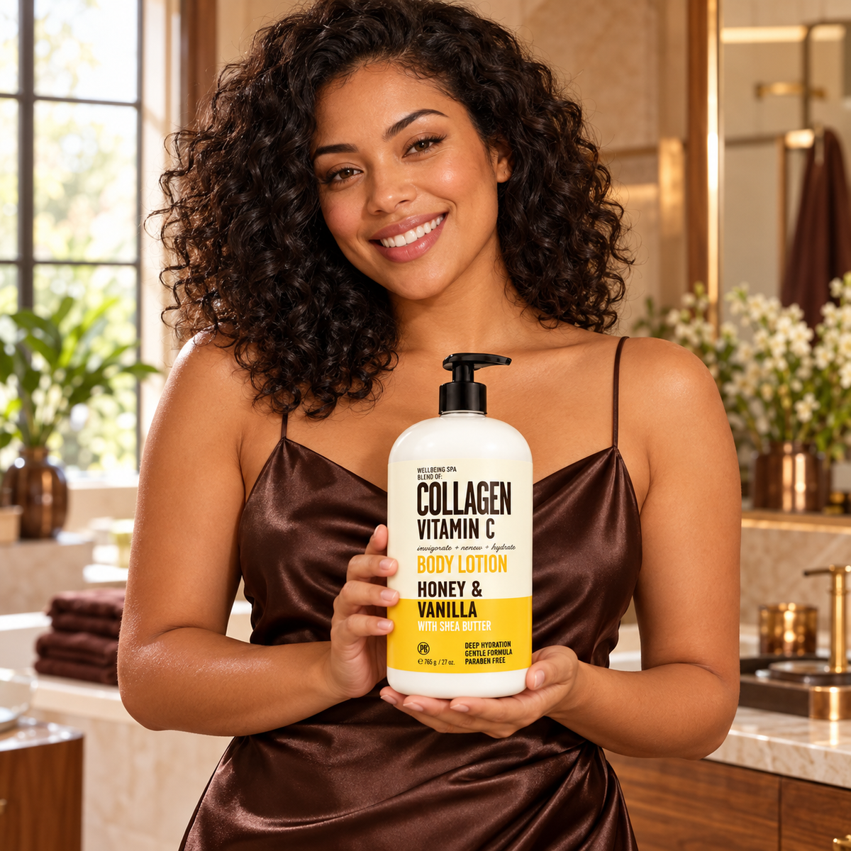 Wellbeing Spa Collagen Vitamin C Honey and Vanilla Body Lotion — model holding