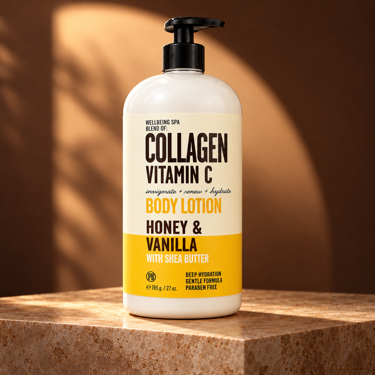 WELLBEING SPA Collagen Vitamin C Honey and Vanilla Body Lotion, 765 g, single pump bottle on a warm stone pedestal