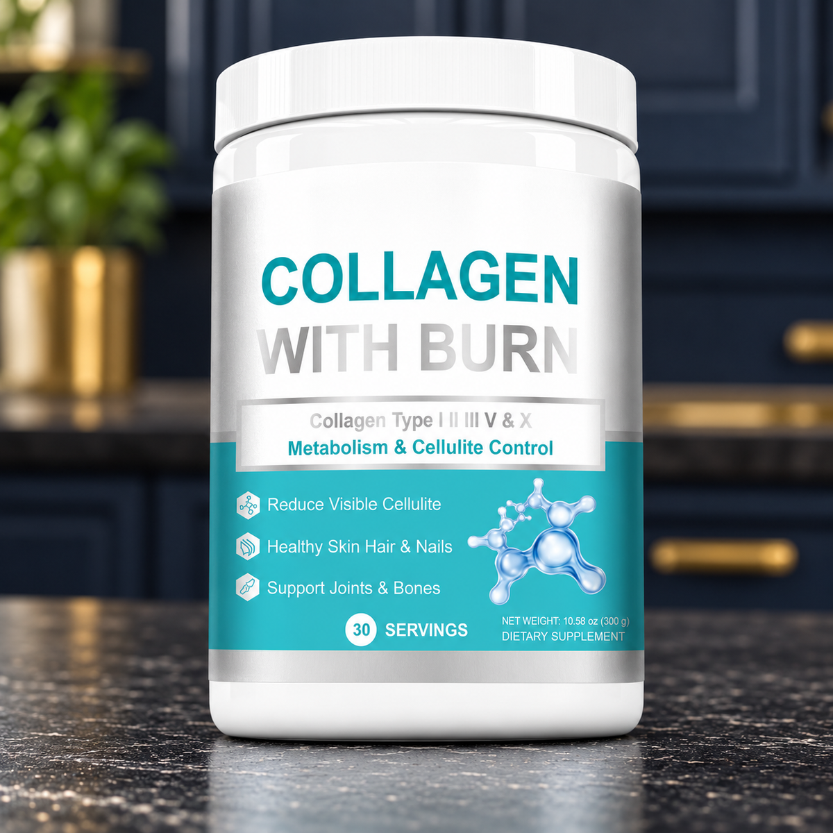 WinsTown Collagen With Burn 300g packaging in a bright home setting.