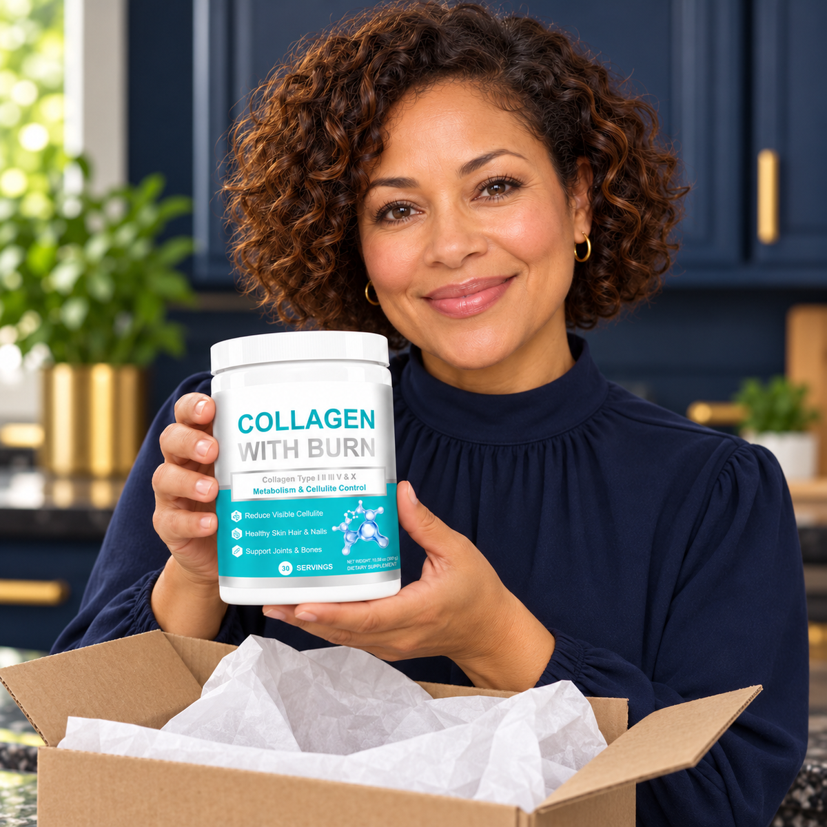 WinsTown Collagen With Burn 300g sealed packaging — unboxing. Illustrative product presentation, not a results testimonial.