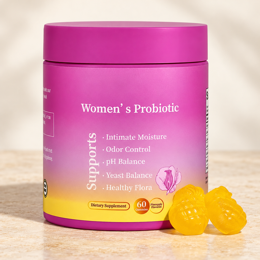 Women's Probiotic Gummies original pink and yellow container with pineapple-shaped gummies
