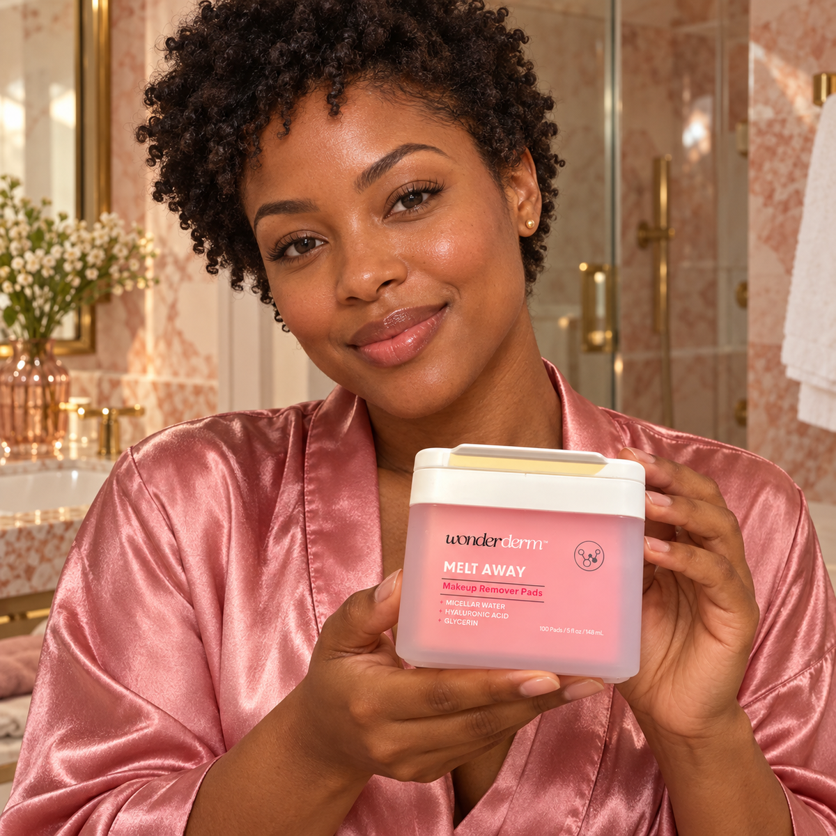 Wonderderm Melt Away 100 pads 148 ml, woman presenting the closed tub
