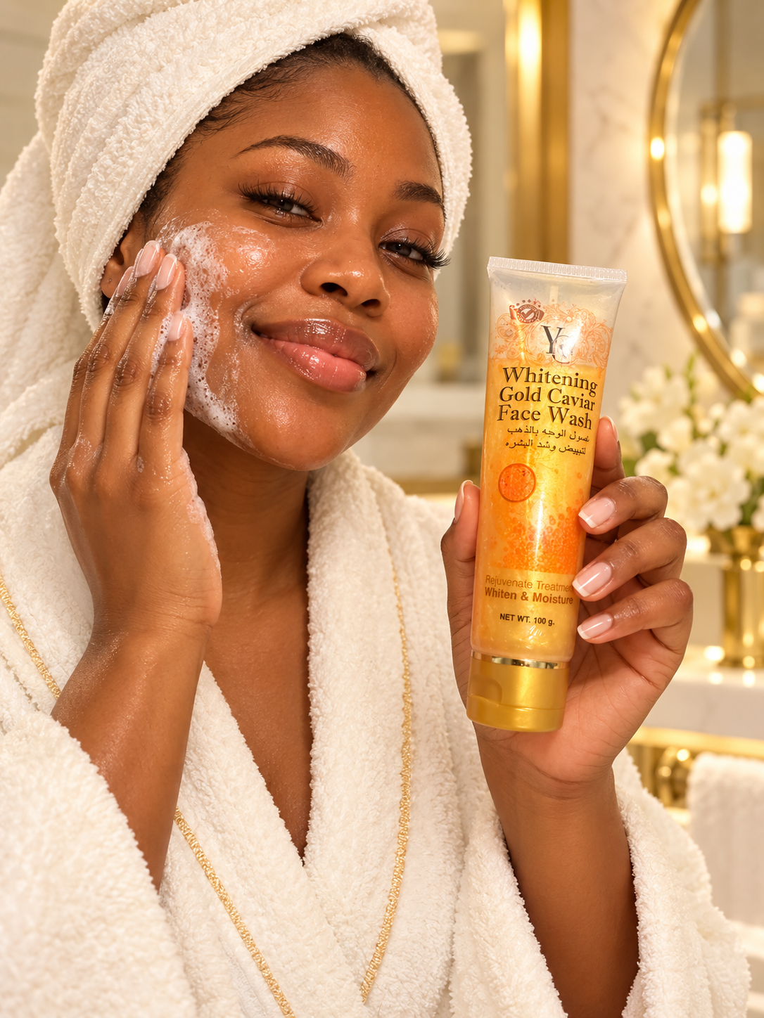Adult woman using YC Gold Caviar Face Wash 100 g
