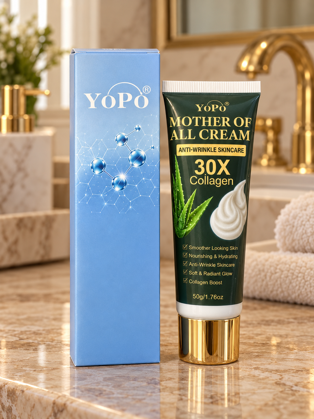 YOPO Mother Of All Cream 30X Collagen 50 g tube beside its light-blue carton