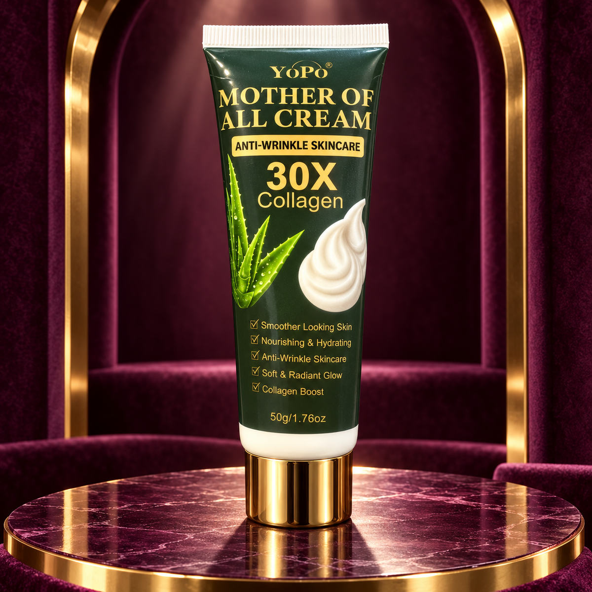 YOPO Mother Of All Cream 30X Collagen 50 g tube — plum luxury product portrait