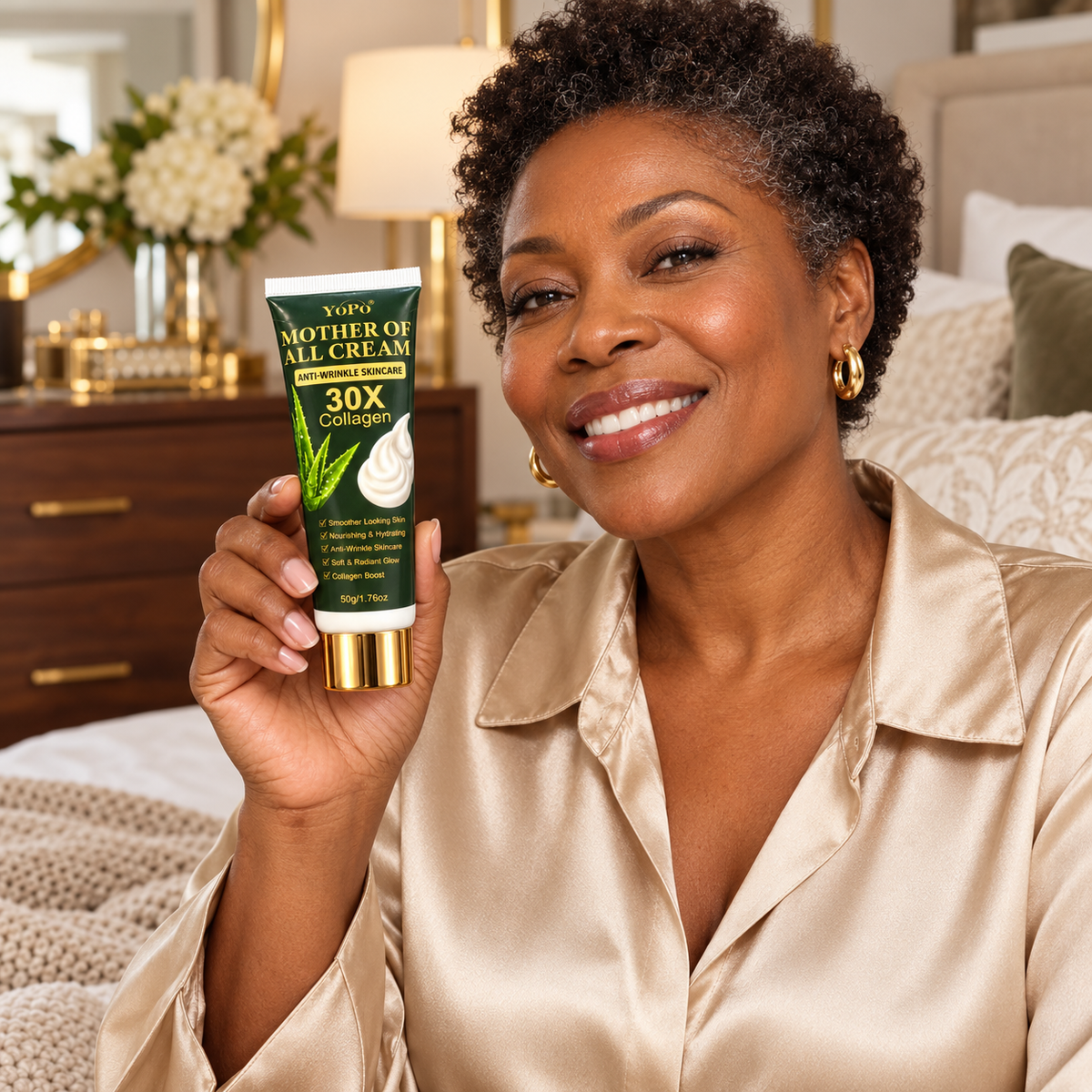 Model holding YOPO Mother Of All Cream 30X Collagen 50 g tube