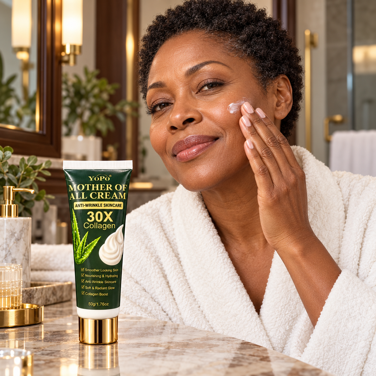 Model applying moisturizer beside YOPO Mother Of All Cream 50 g tube