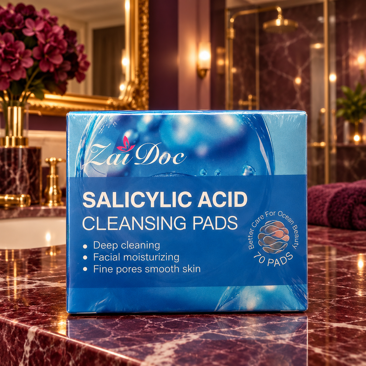 ZaiDoc Salicylic Acid Cleansing Pads — sealed 70-pad package on a luxury vanity