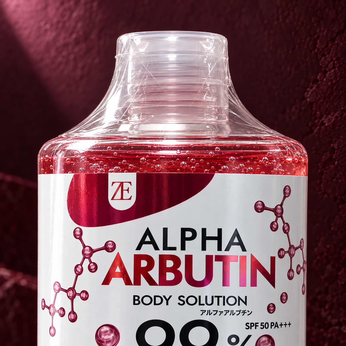 ZE Alpha Arbutin Body Solution — close-up of original translucent cap, shrinkwrapped neck and front label