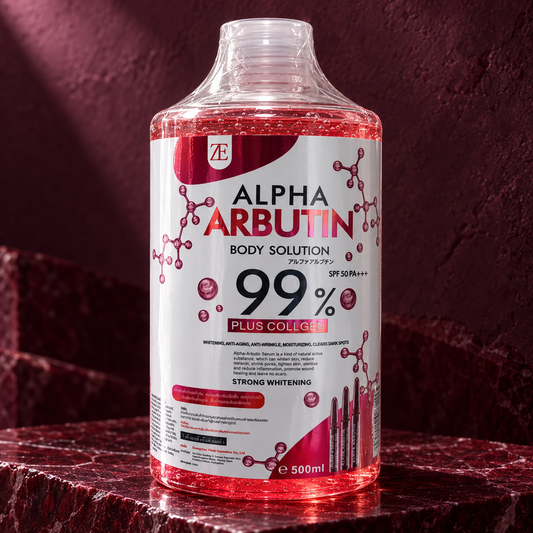 ZE Alpha Arbutin Body Solution 500 ml — original clear-capped sealed bottle on burgundy stone