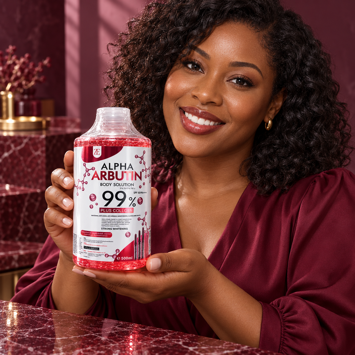 Adult woman presenting the original clear-capped ZE Alpha Arbutin Body Solution 500 ml bottle