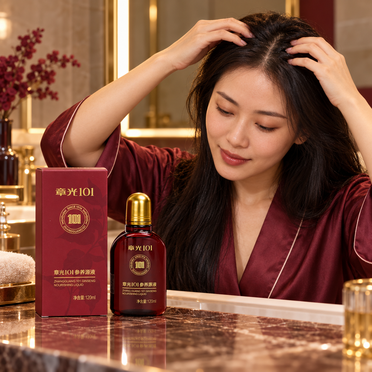 Adult woman massaging scalp beside Zhangguang 101 Ginseng Nourishing Liquid