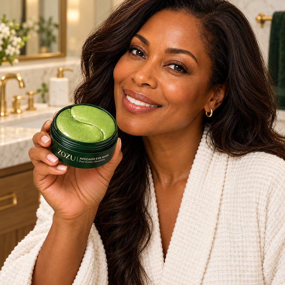 Woman presenting one ZOZU avocado eye mask jar