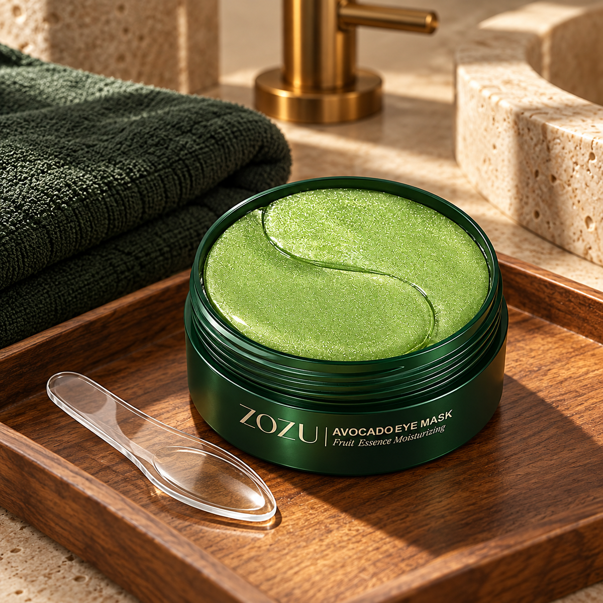 ZOZU avocado eye mask jar and clear spatula on a wood bathroom tray