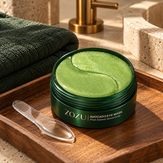ZOZU avocado eye mask jar and clear spatula on a wood bathroom tray