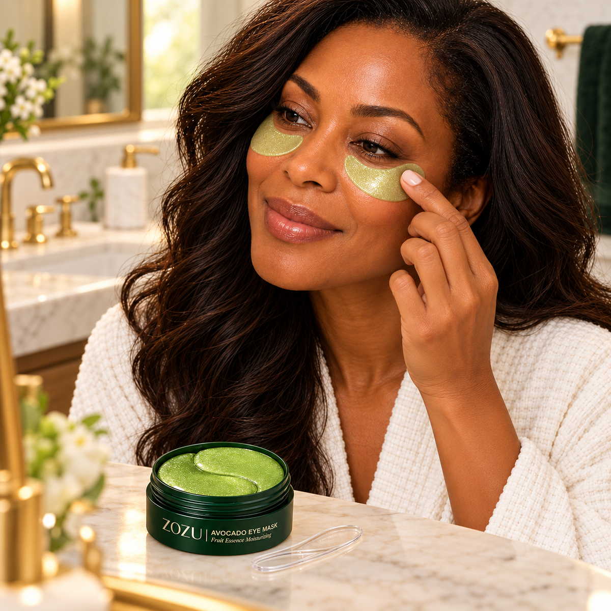 Woman gently smoothing green ZOZU patches below her eyes